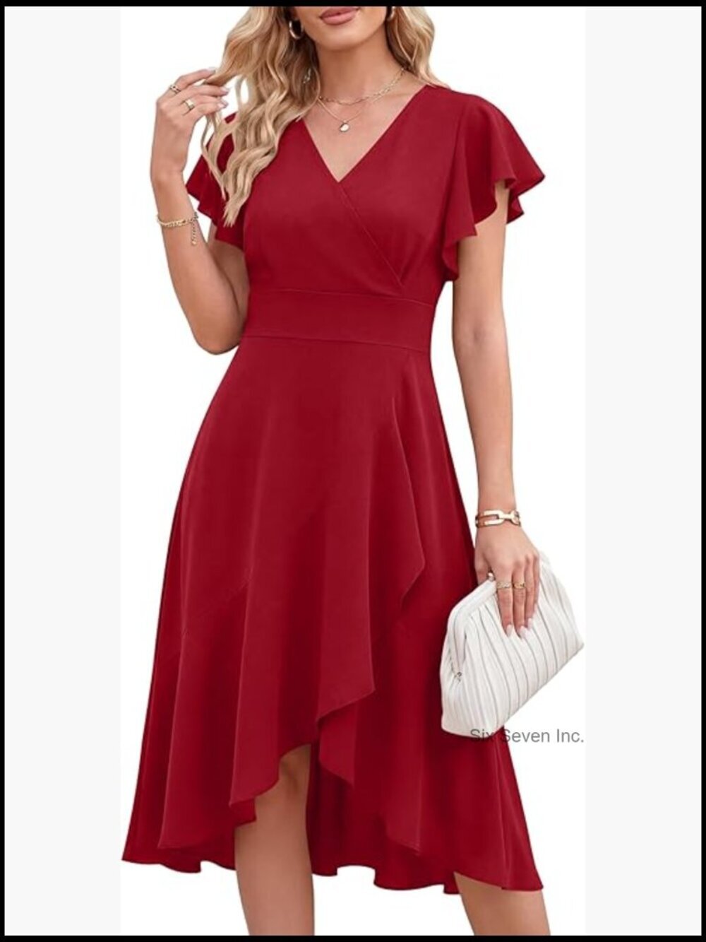 Wrap V-Neck Cocktail Dress with High-Low Ruffle Hem, Polyester Blend